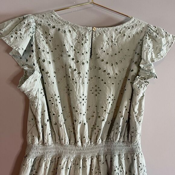 Japna Light Green Eyelet Flutter Sleeve Embroidered Ruffle Mini Dress | SZ L - Picture 11 of 13